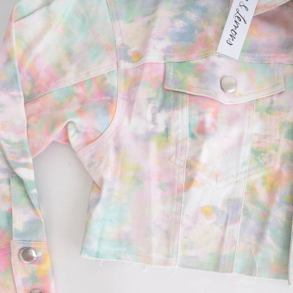 For Love  & Lemons Delphine Tie-Dye Print Cropped Denim Button Up Jacket L NWT - Picture 7 of 13